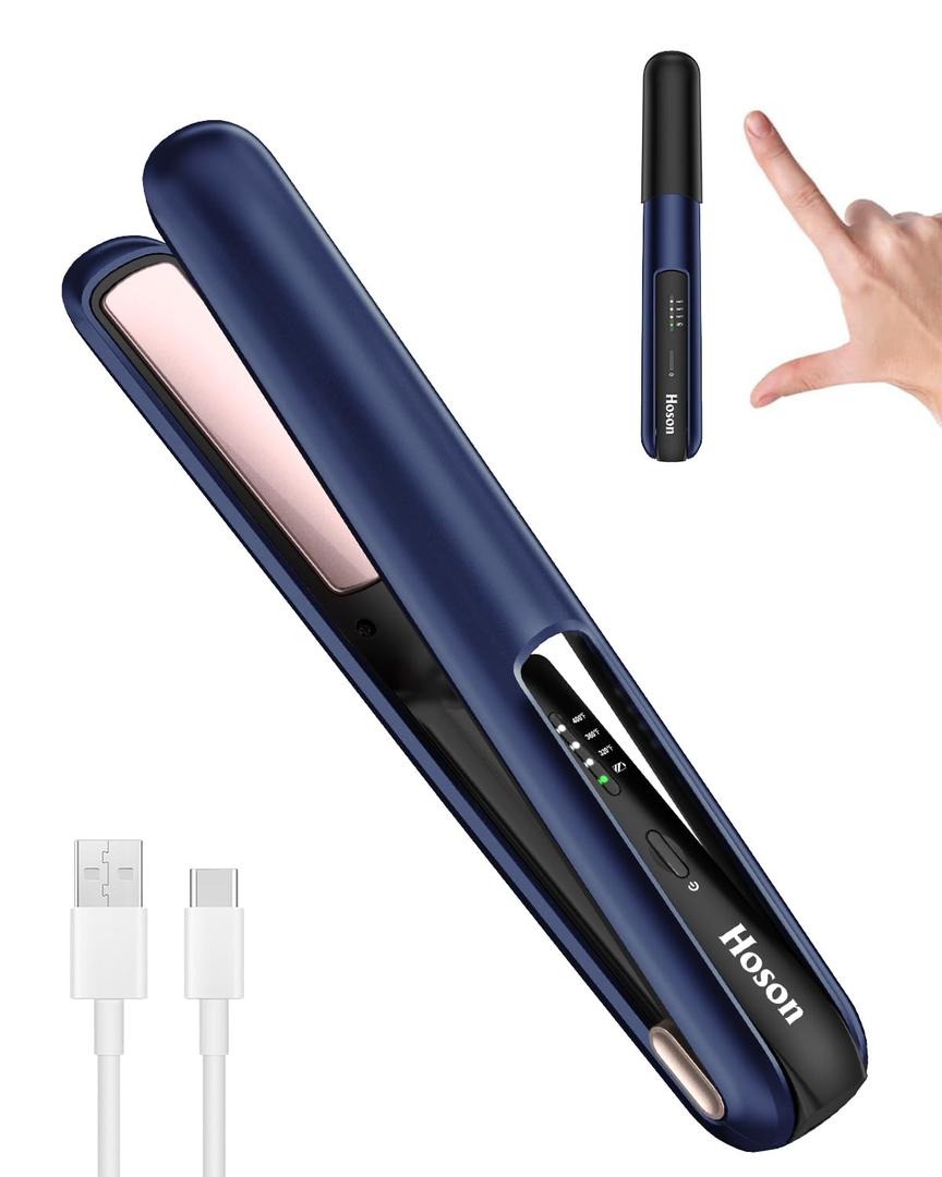 Hoson Cordless Hair Straightener,Portable Mini Flat Iron Travel for Bangs,Short Hair,USB-C Rechargeable Wireless Curling Iron and Curler 2 in 1(Blue),for Touch Ups