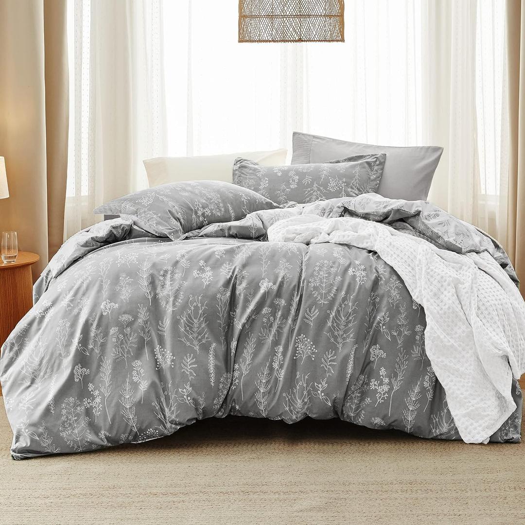 Bedsure Queen Comforter Set - Grey Bed Set, 3 Pieces Cute Floral Bedding, 1 Soft Reversible Botanical Flowers Comforter and 2 Pillow Shams