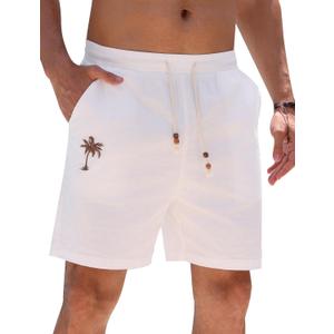 Men's Cotton Shorts Drawstring Waist Embroidered Tree Summer Vacation Beach Shorts (White, L)
