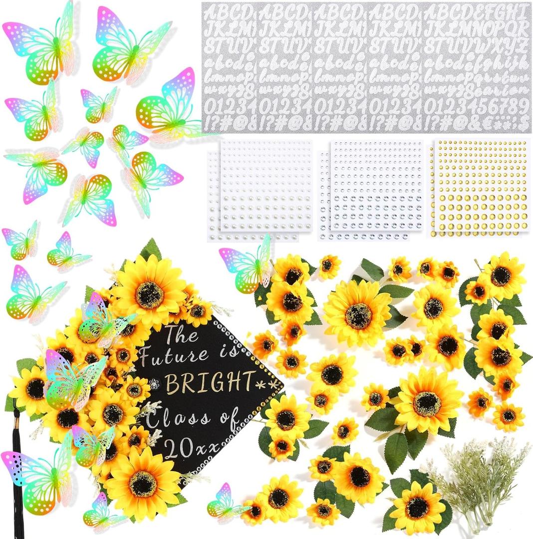 Hoteam DIY Graduation Cap Decorations Kit Included Faux Flowers 3D Butterfly Self Adhesive Rhinestones Glitter Alphabet Letter Stickers for 2026 Grad Cap Topper Party Gifts Decor(Bright Yellow)