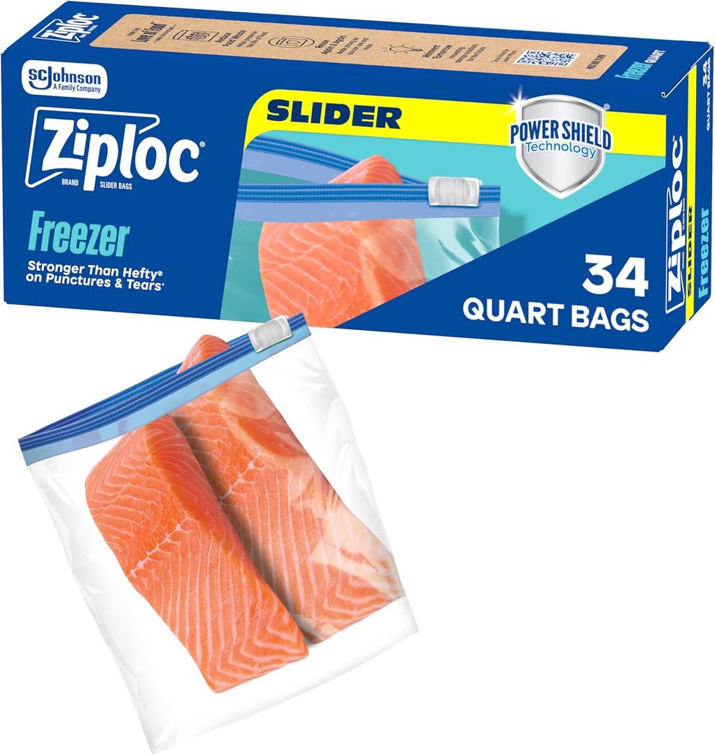 Ziploc Food Storage Quart Freezer Slider Bags, Power Shield Technology for More Durability, 34 count