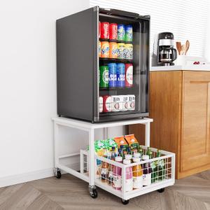 SpaceAid Mini Fridge Stand with Storage, 19.7" W x 19.7" D Heavy Duty Mobile Refrigerator Shelf Stand Table with Wheels, Fridge Cart Organizer with Drawer Basket for Home Dorm Office (White) (2 Tiers)