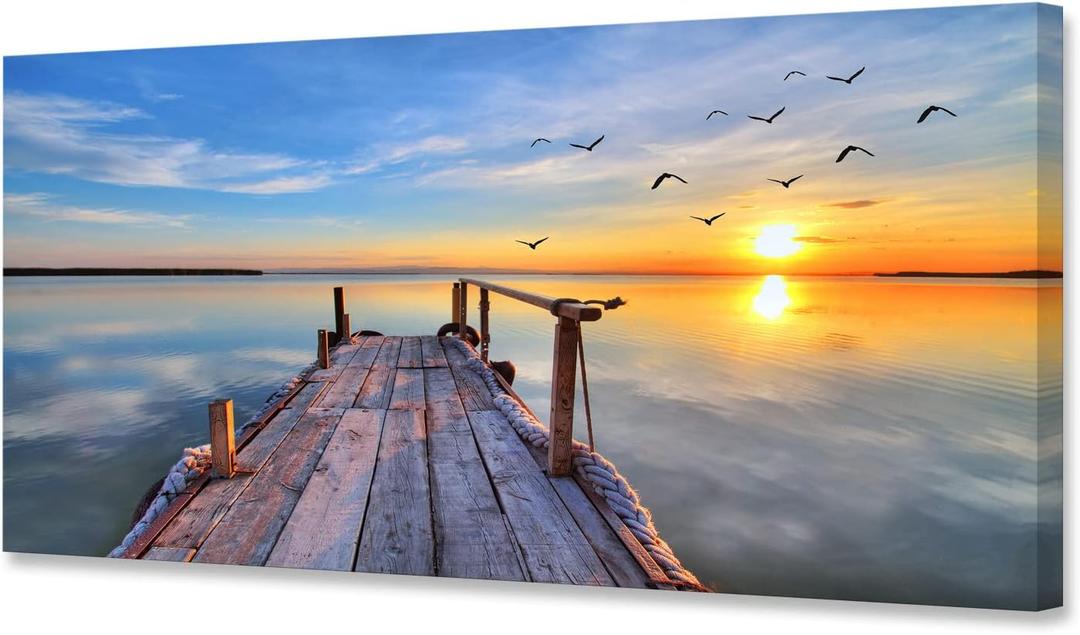 Baisuwallart S05975 Wall Art Decor Canvas Print Picture Sunset Flying Birds 1 Panel Sea Scenery Painting Sunset Glow Artwork for Kitchen Office Home Wall Decor Stretched and Framed Ready to Hang (58L" x 29W")