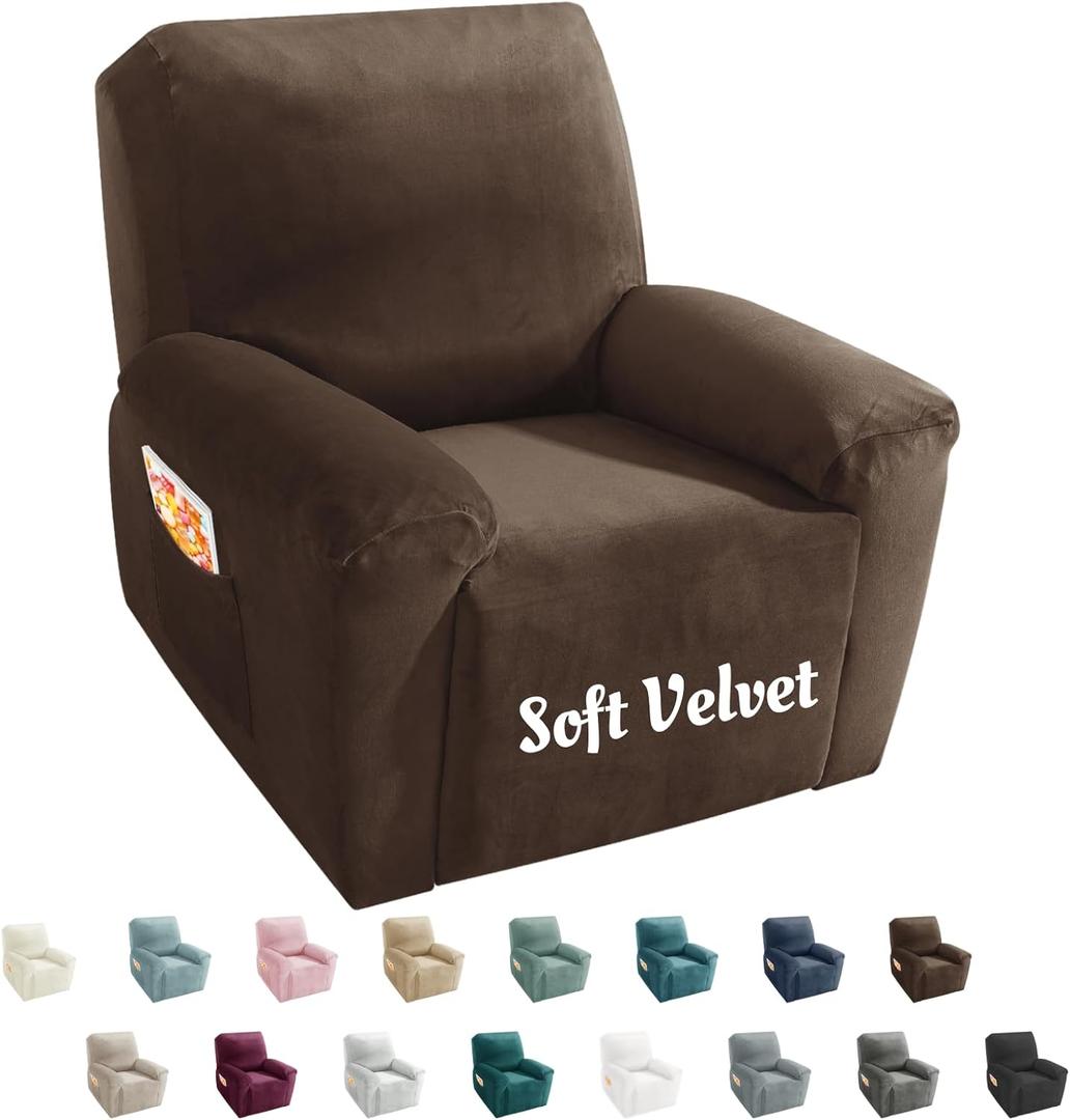 MAXIJIN Velvet 4 Piece Recliner Cover Stretch Plush Soft Recliner Chair Covers Thick Soft Reclining Chair Slipcovers Furniture Protector with Side Pocket for Kids, Pets (Recliner,Dark Coffee)