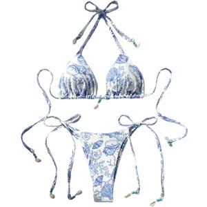 BEAUDRM Women 2 Piece Swimsuit Seashell Print Halter Triangle Thong Boho Seashell Swimwear (Blue, L)