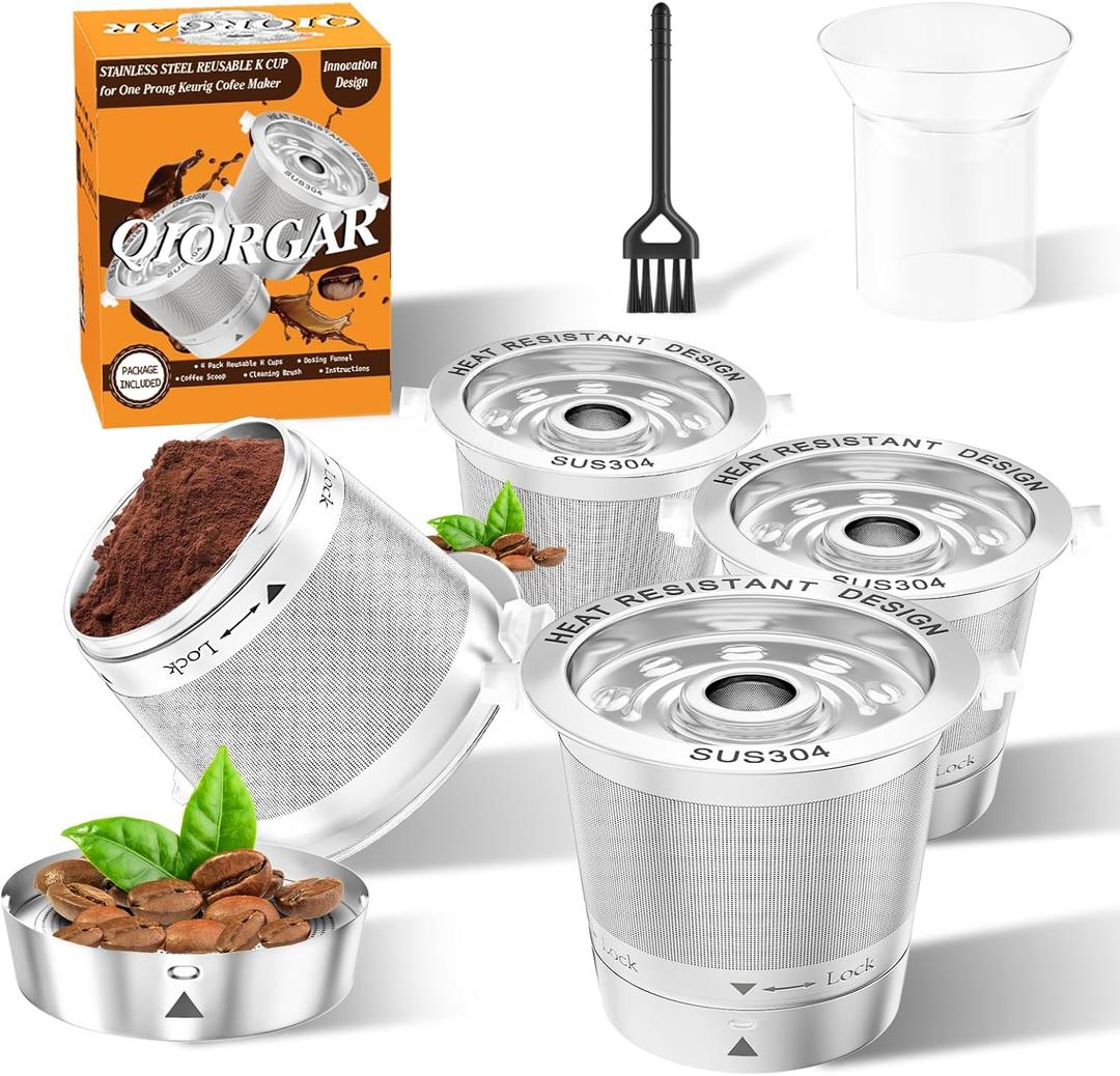 4 Pack Reusable K Cups for Keurig- All Stainless Steel Coffee Pods for Keurig 1 Prong Coffee Machine, No Seal Gasket, Non Plasic, Heat Safe, All in One Set