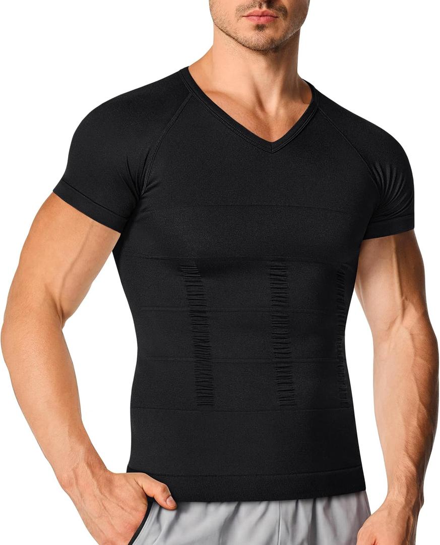 Nebility Mens Compression Shirt Shapewear V Neck Short Sleeve Body Shaper T Shirt Slimming Undershirt Workout (Black, XL)