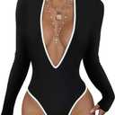 Milumia Women's Sexy Deep V Neck Bodysuit Contrast Binding Long Sleeve Party Club Shirt Tops (Black, S)