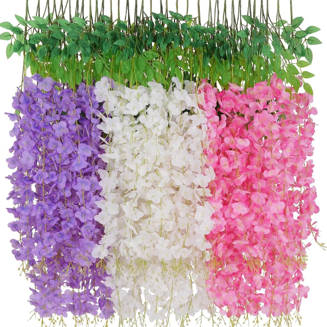 Waipfaru 12 Pack Wisteria Hanging Flowers, 3.6 Feet White & Pink & Purple Wisteria Artificial Flowers, Hanging Flowers for Wedding Decoration, Vines for Bedroom Home Wall Decor