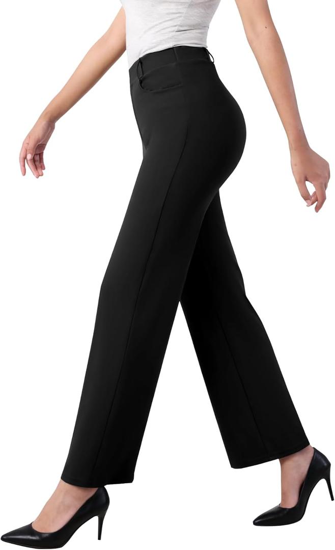 Women's Straight Wide Leg Dress Pants Stretchy Work Pants Business Casual Slacks with Pockets (X-Large, Black)