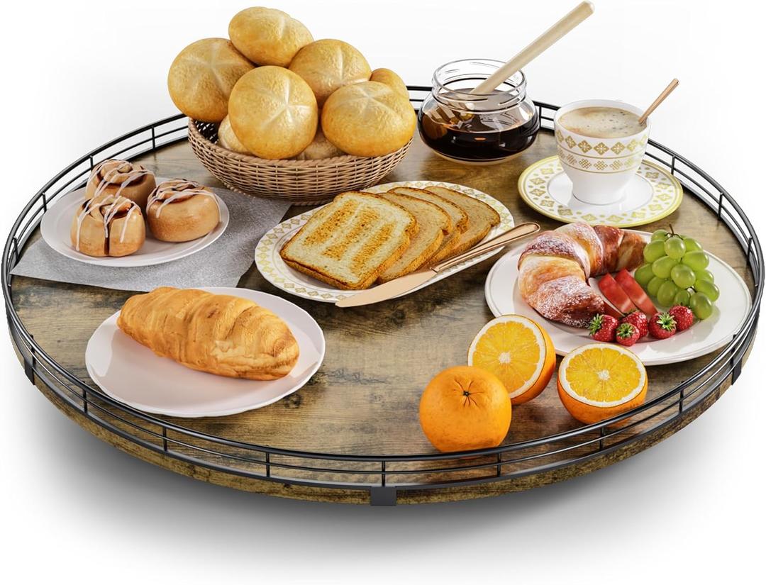 Lazy Susan Turntable Organizer for Table Top, 21 Round Wooden Lazy Susan for Cabinet Kitchen Countertop Pantry Dining Coffee Table for Condiments Spices, Rustic Bathroom Vanity Tray for Soap Candle