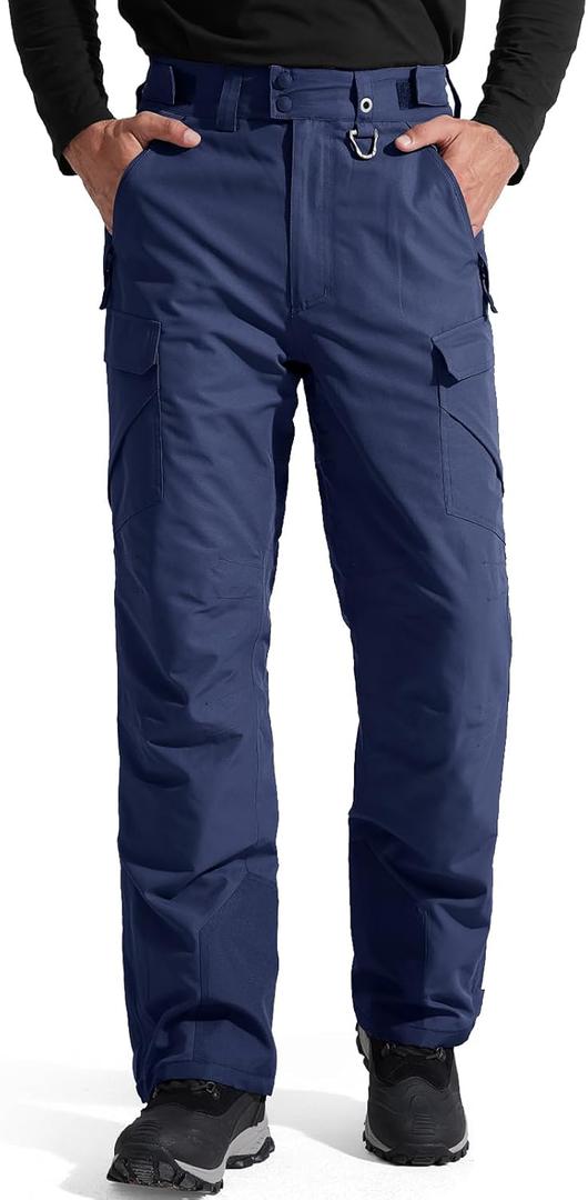 FREE SOLDIER Men's Waterproof Snow Insulated Pants Winter Skiing Snowboarding Pants with Zipper Pockets (Small(30-32)/32L, Navy Blue)