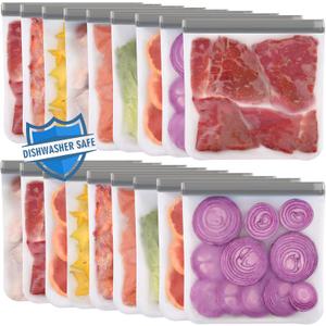 Lerine 18 Pack Reusable Gallon Freezer Bags Dishwasher Safe, BPA Free Reusable freezer Bags 1 Gallon, Extra Thick Leakproof Food Storage Bags for Meal Prep, Fridge Kitchen Organization (Gray)