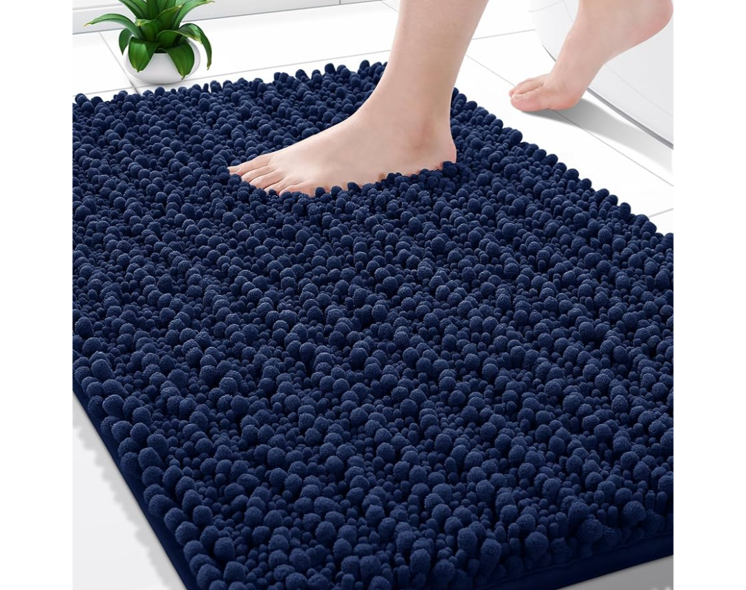 Yimobra Bathroom Rugs Non Slip Washable - Ultra Soft Absorbent Chenille Bath Mat, Quick Dry Shaggy Floor Carpet for Tub Shower, Navy Blue Home Decor Accessories, 24x17 Inch