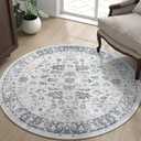 jinchan Round Rug 5ft Area Rug - Washable Boho Vintage Floral Circle 5' Round Floor Cover Lightweight Low Pile Thin Throw Non-Slip Carpet for Kitchen Living Room Bedroom Dining Room Office Grey Multi