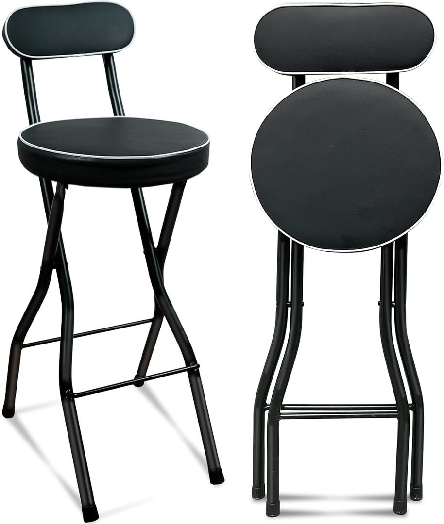 UWEAR 1 PCS Folding Bar Stool with Back, Tall Foldable Stool Seat Padded Portable Stools Counter Height Foldable Stools Chairs Collapsible Stool for Adults Kitchen Island (Black)