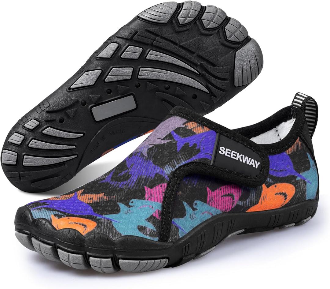 SEEKWAY Barefoot Water Shoes for Kids - Wide Toe Box and Quick-Dry Sand Shoes Toddler for Hiking Swim Beach Pool Kayak Sport Accessories, Camping Essentials Non-Slip for Boys Girls Sizes (10 Little Kid, 2c-107 Black Shark)