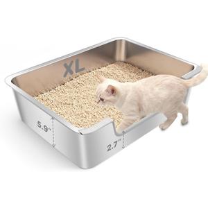 Low Entry Litter Box for Senior or Disabled & Injured Cats, Stainless Steel High Sided Enclosed Easy Step in Entry-Large Metal Kitty Litter Box for Kittens, Odor Control (23.6x15.7x5.9)