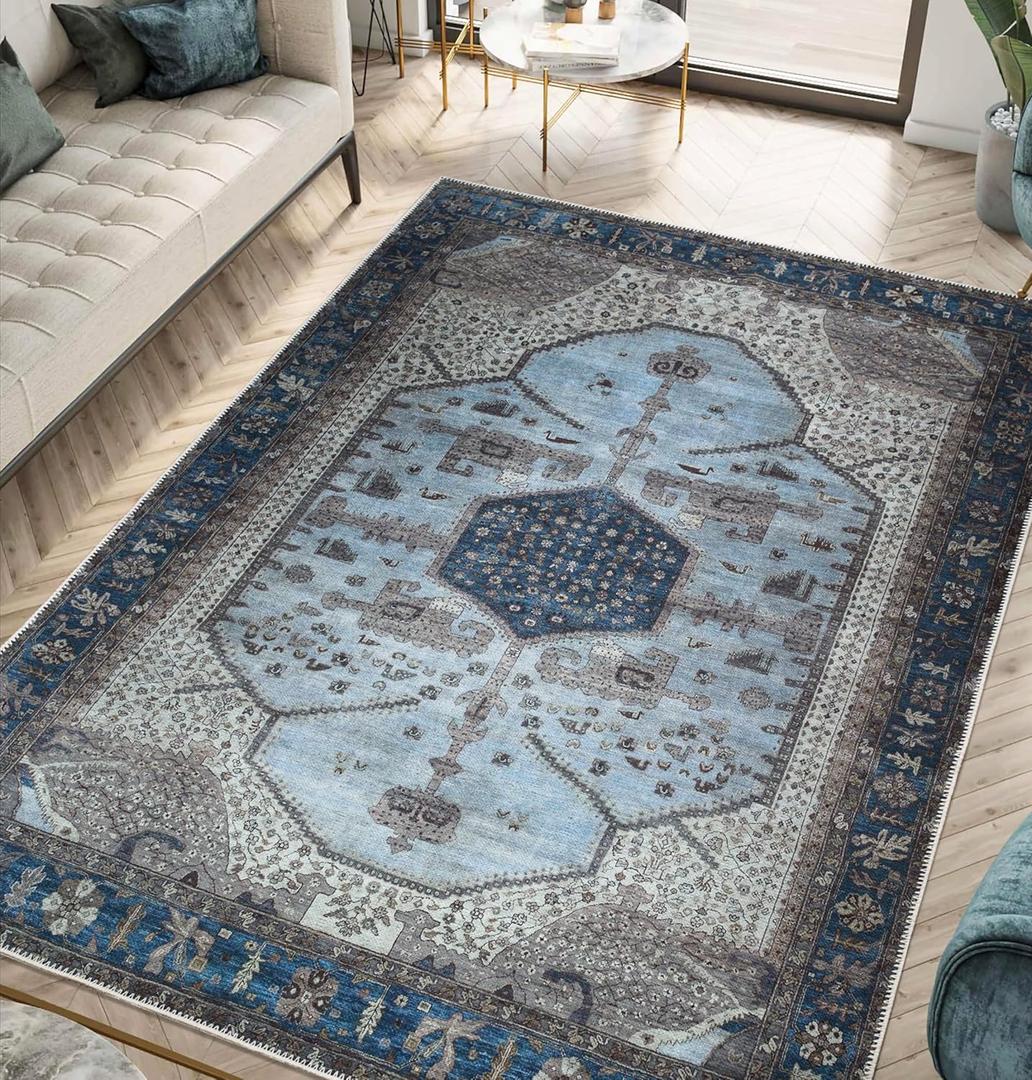 Keen Home Design 3x5 Rug - Machine Washable Entry Rug with Non-Slip Backing, Ideal for Enteryway, Kitchen, Bathroom, Laundry Room - Vintage, Easy Clean, Durable, Low Pile Rug - (3' x 5') (Blue/Beige)