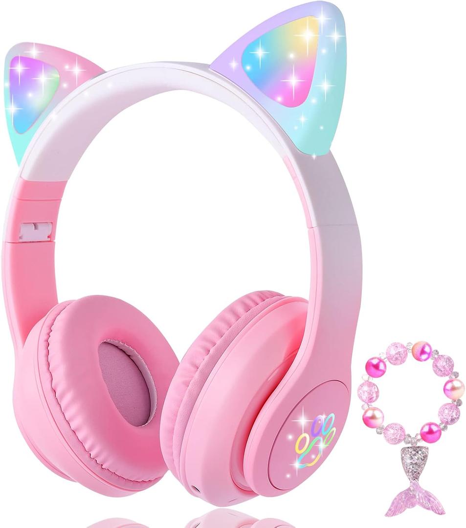 Cat Ear Kids Headphones Bluetooth, LED Light up Wireless/Wired Mode Over Ear Headphones with Build in Microphone for School/Travel (Pink)