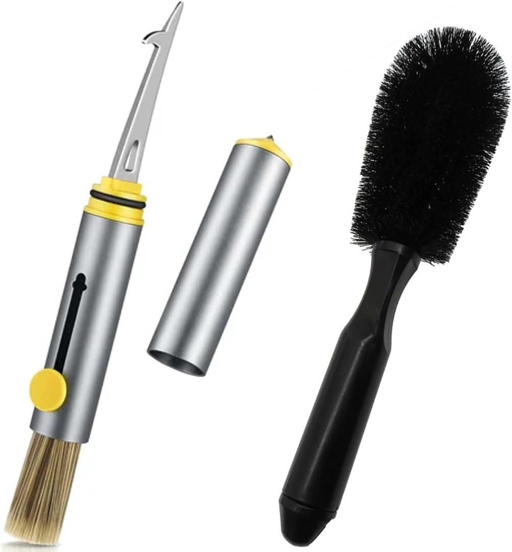 Car Cleaning Brush, 3 in 1 Car Detailing Brush with Window Breaker and Tire Cleaning Hook, Black Wheel Rim Brush Multifunctional Car Cleaning Tool for Cleaning Wheels
