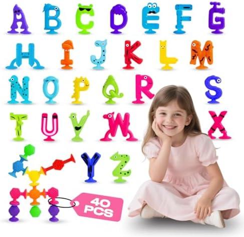 Suction Cup Kids Bath Toys for Toddler Aged 3, 40PCS Animal Alphabet Suckers, Educational ABC Spelling Learning Letter, Montessori Sensory Gifts for 4-8 Kids