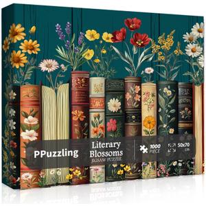 Vintage Wildflower Book Puzzles for Adults 1000 Pieces, Plant Floral Books Pages Jigsaw Puzzle, Retro Bookshelf Puzzles with Blossoming Wildflowers, Botanical Literary Theme Puzzle for Book Lovers