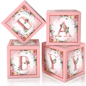 Floral Baby Shower Box Birthday Party Decoration Pink Balloon Blocks First Birthday Centerpiece Decor for Girls Rose Gold Gender Reveal Party Supplies