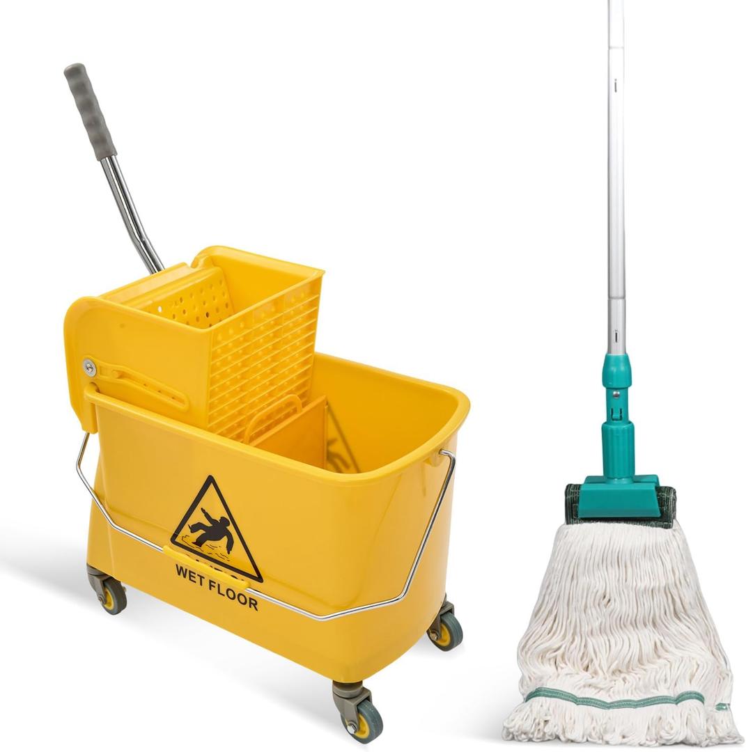 22 Qt (5.5 Gallon) Mop Bucket with Wringer for Floor Cleaning, Handle, Wheels, 16.5" L x 10.6" W x 26.4" H, Yellow, Add One Loop-end String Mop