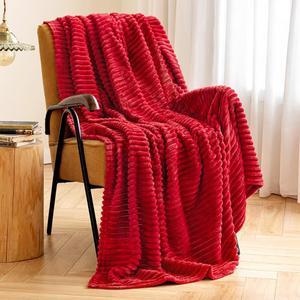 MIULEE Red Fleece Throw Blanket for Couch 300GSM Super Soft Lightweight Plush Striped Blanket, Christmas Warm Cozy Breathable Ribbed Flannel Throws for Bed/Sofa, 50"x64"
