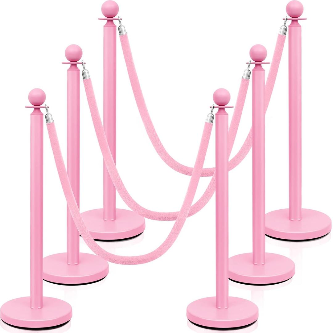 Ferraycle 6 Pcs Stainless Steel Stanchions Post Queue 38 Inch, 5 ft Velvet Rope Carpet Ropes and Pole, Control Barriers for Wedding Birthday Party Decoration Sand Injection Hollow Base Set (Pink)