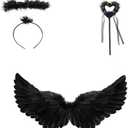 Black Angel Wings and Halo with Magic Wand for Dark Angel Costume, 23.6'' x 13.7'' Real Feather Wings for Fallen Angel, Gothic Cosplay, Party, Halloween Costume Decor for Men, Women