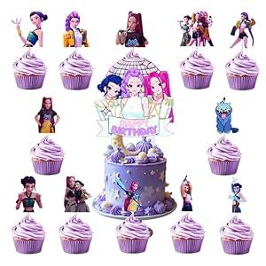 Cute Cartoon Happy Birthday Cake Toppers Set with 24Pcs Cupcake Toppers, 1Pcs Happy Birthday Cake Topper, Movies Themed Birthday Party Supplies, Perfect for Party Decorations