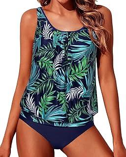 Yonique Two Piece Blouson Tankini Swimsuits for Women Modest Bathing Suits Loose Fit Swimwear Size -Large