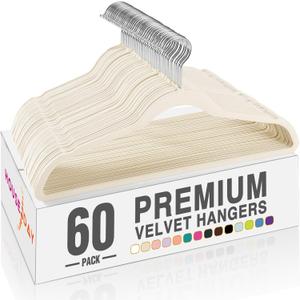 HOUSE DAY Ivory Velvet Hangers 60 Pack, Non Slip Clothes Felt Hanger Heavy Duty for Coat, Premium Slim Space Saving Suit Hangers for Closet Organizer, 360 Rotating Silver Hook