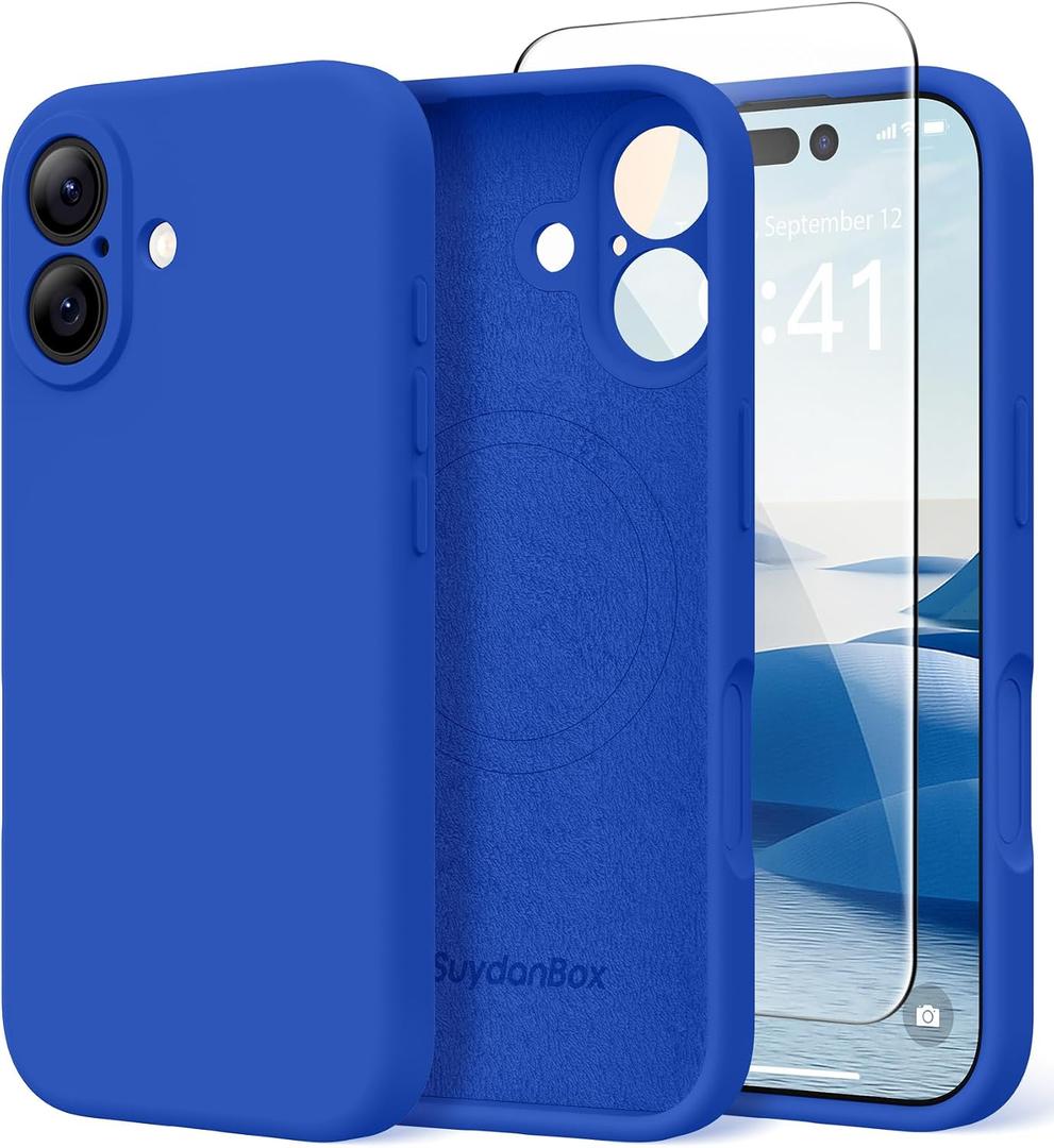 Magnetic for iPhone 16 Case, Compatible with MagSafe, [Screen Protector + Full Camera Protection], Silicone Shockproof Anti-Scratch Protective Phone Case for iPhone 16 6.1", Klein Blue