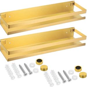 Lallisa 2 Pieces Stainless Steel Shelf Bathroom Shower Floating Shelves Wall Mounted Shower Caddy Basket Shelf Storage Organizer Shelves for Bathroom, Kitchen, Living Room (15.75 Inch/ 40 cm,Gold)