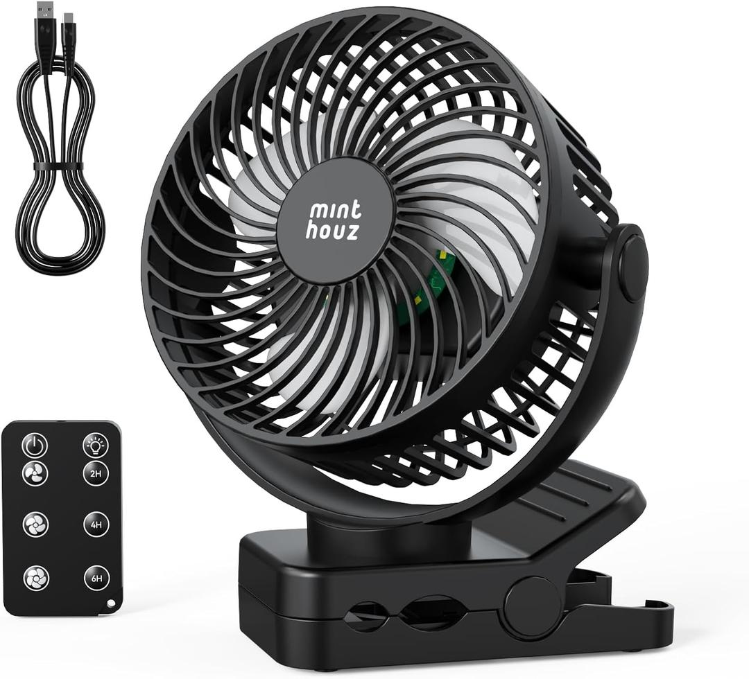 Minthouz Clip on Fan, 12000mAh Desk Fans, 360 Rotation Rechargeable Portable Fan with 45hrs Runtime - Quiet 3 Speeds, Wireless Remote, Timer, Input/Output Ports - Lightweight for Travel & Office