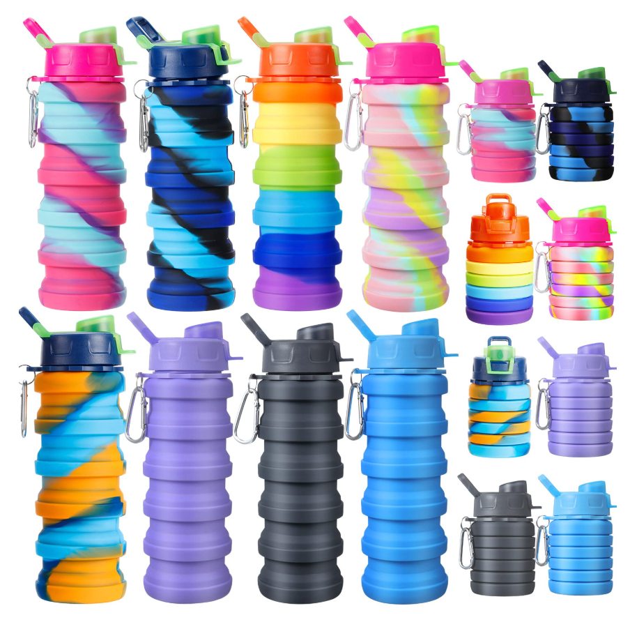 8 Pcs Collapsible Water Bottles Silicone Travel 16 oz Reusable Leakproof Foldable Water Bottles with Clip for Camping Hiking Cycling Travel Gym Yoga Outdoor Sports