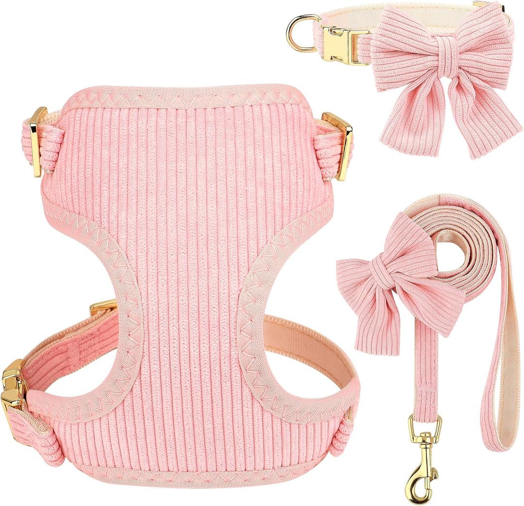 Didog Cute Small Dog Collar Harness & Leash Set, Adjustable Dog Collars and Leashes with Bowtie, Breathable Soft Mesh Padded Dog Vest for Puppies Small Dogs Walking,Pink, S (S: Neck 10-16", Chest 13-16")