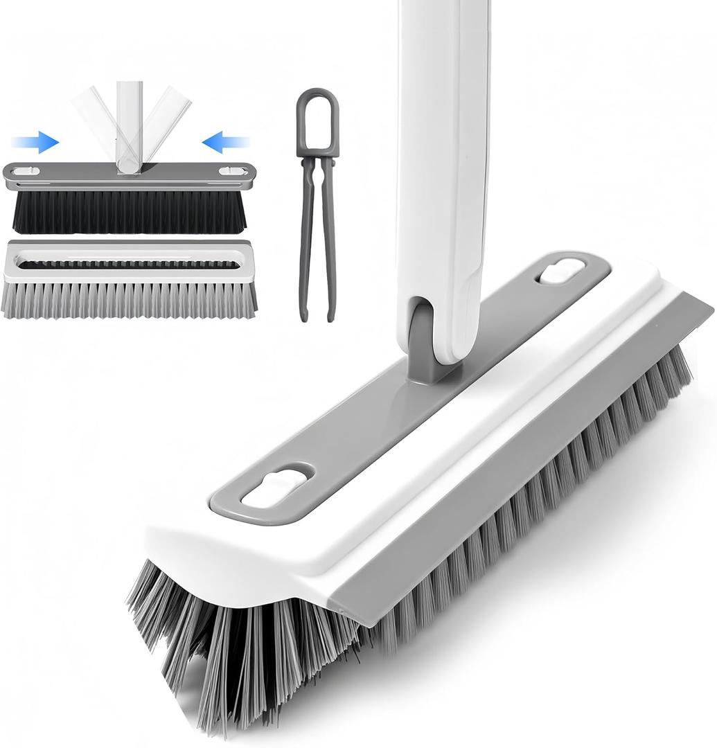 3 in 1 Floor Scrub Brush with Long Handle, Household Push Broom with V-Shaped Stiff Bristles, Detachable Head with Squeegee and Tweezer, Heavy Duty Scrubber Deck Brush for Bathroom Tile Patio Garage