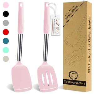 Qukaka 2 Pack Silicone Spatula Set,Solid & Slotted Spatulas Silicone Heat Resistant,Turner for Kitchen Use,Rubber Spatulas for Fish, Eggs, Pancakes, WOK, Kitchen Utensils Set