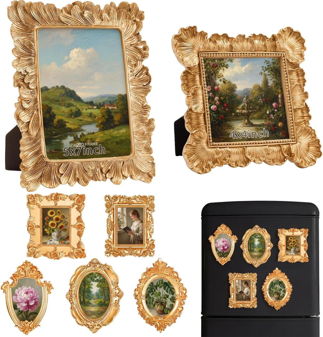 Teenyyou 7 Pcs Vintage Resin Picture Frames Set Antique Gold Mini Photo Frames Small Baroque Oval Rectangle Ornate for Home Display Wedding Favors 4x4, 5x7inch(Palm Leaf Style)
