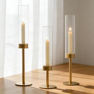 Hewory Gold Candle Holders, 3Pcs Brass Candle Stick Candelabra with Glass Candle Cover for Wedding Table Centerpiece Christmas Decor