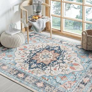 Washable Blue 8'x10' Area Rug - Non Slip, Soft, Low Pile Teal Vintage Boho Floral Indoor Carpet for Living Room, Bedroom, Dining Room, Entryway, Office , Blue