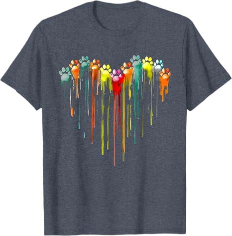 Colorful Dog paw Heart Print Watercolors Painting Heart Dogs T-Shirt, Heather Blue Size Small