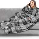 PAVILIA Fleece Blanket with Sleeves, Foot Pockets for Women Men Adults, Plush Wearable Blanket Throw Wrap, Warm Snuggle Blanket Robe, Cozy Gift Ideas Wife Mom, Plaid Dark Gray