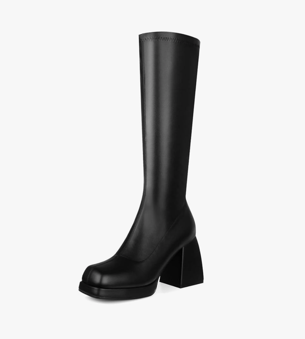 STALOV Platform Gogo Boots for women Knee High Square Toe Tall Boots Block Chunky Heel Stretchy Leather Long Boots, US 9