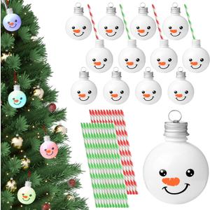 12 Sets Fillable Ornament Balls with Lids and Straws - Plastic Drink Balls for Christmas Tree