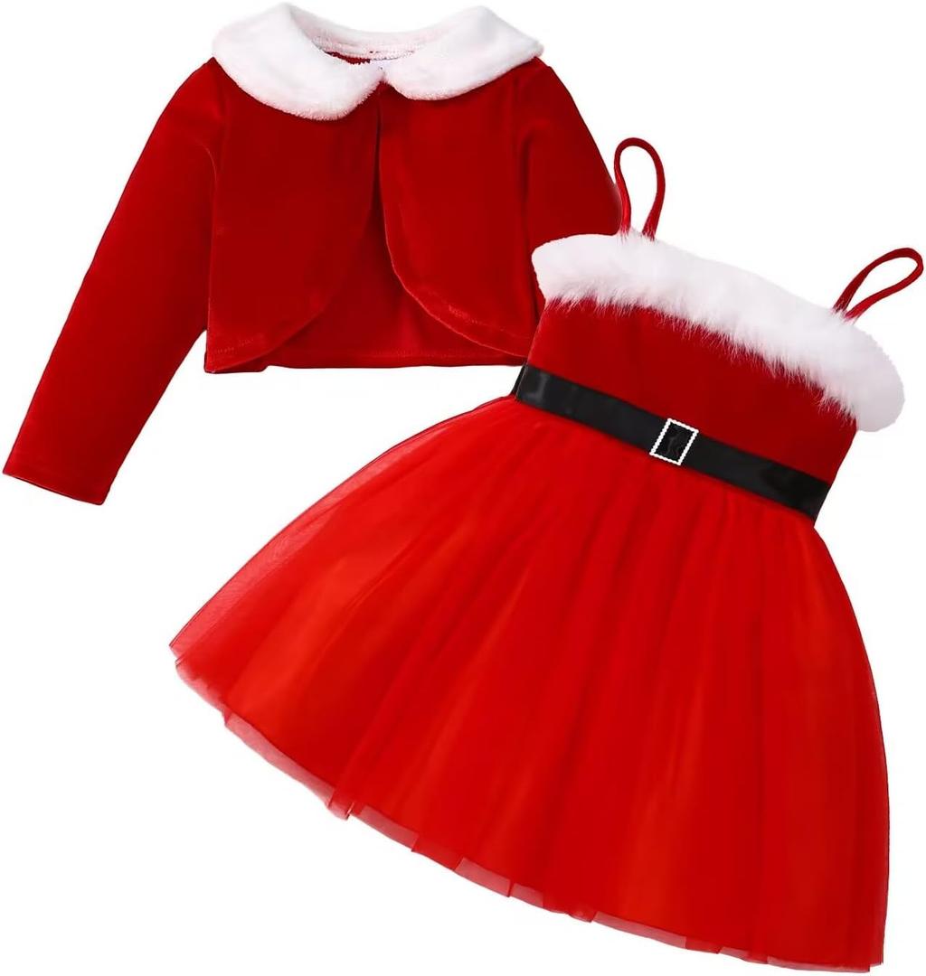 Little Girl Christmas Dress Velvet Cardigan+Santa Claus Strap Dress 2 Piece Cardigan Set 3-8T (6-7 Years, Red)